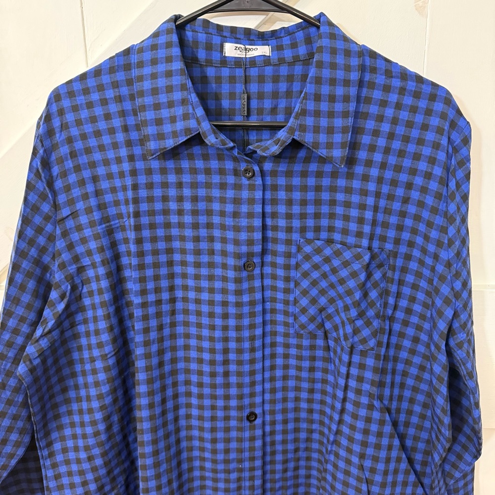 NWT Zeagoo Royal Blue & Black Men’s Plaid Checkered‎ Button Up Shirt XXL